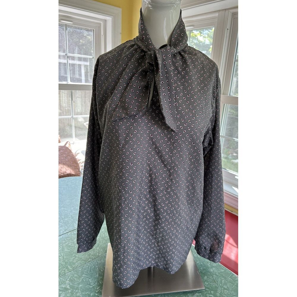Wear To Work Vintage Top 1980s Sz 38‎ Women's 10 Gray Paisley Bow tie  Secretary